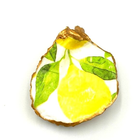 Oyster Shell Trinket Dish Lemon Decoupage 3.5" Summer Coastal Farmhouse Fresh - Picture 1 of 4